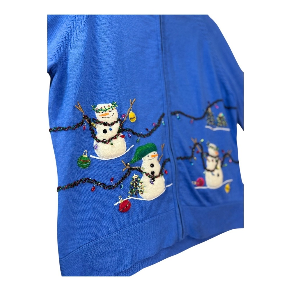 Vtg‎ Dressbarn Womens Christmas Cardigan S Blue Snowman Beaded Knit Ugly Sweater - Picture 4 of 10